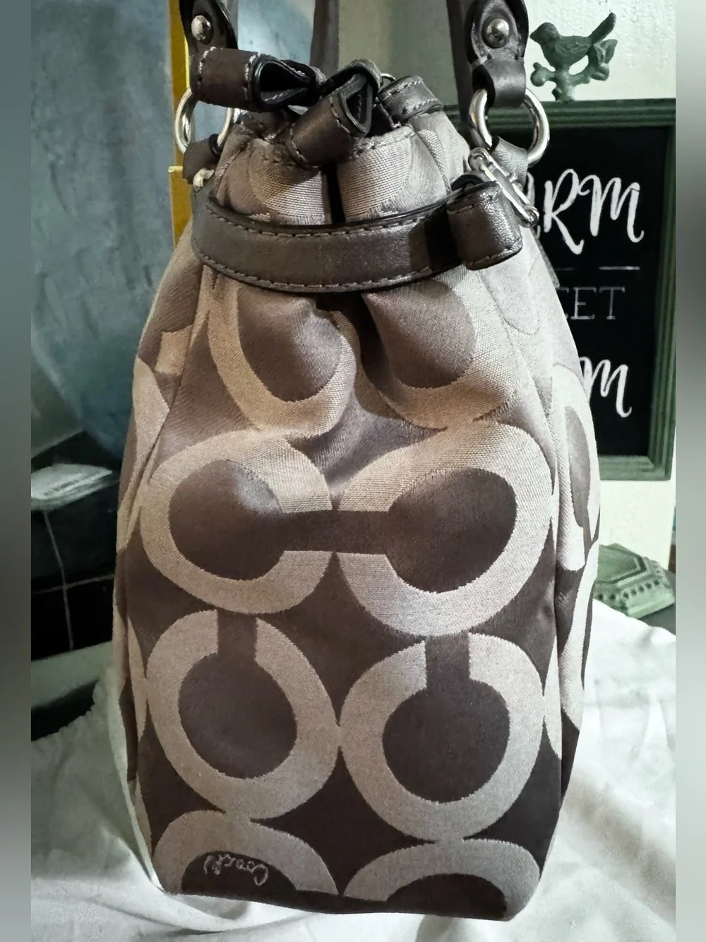 Coach Madison Op Art Kara Carryall Handbag 2012 Silver & Grey w 2-Hangtags - GUC